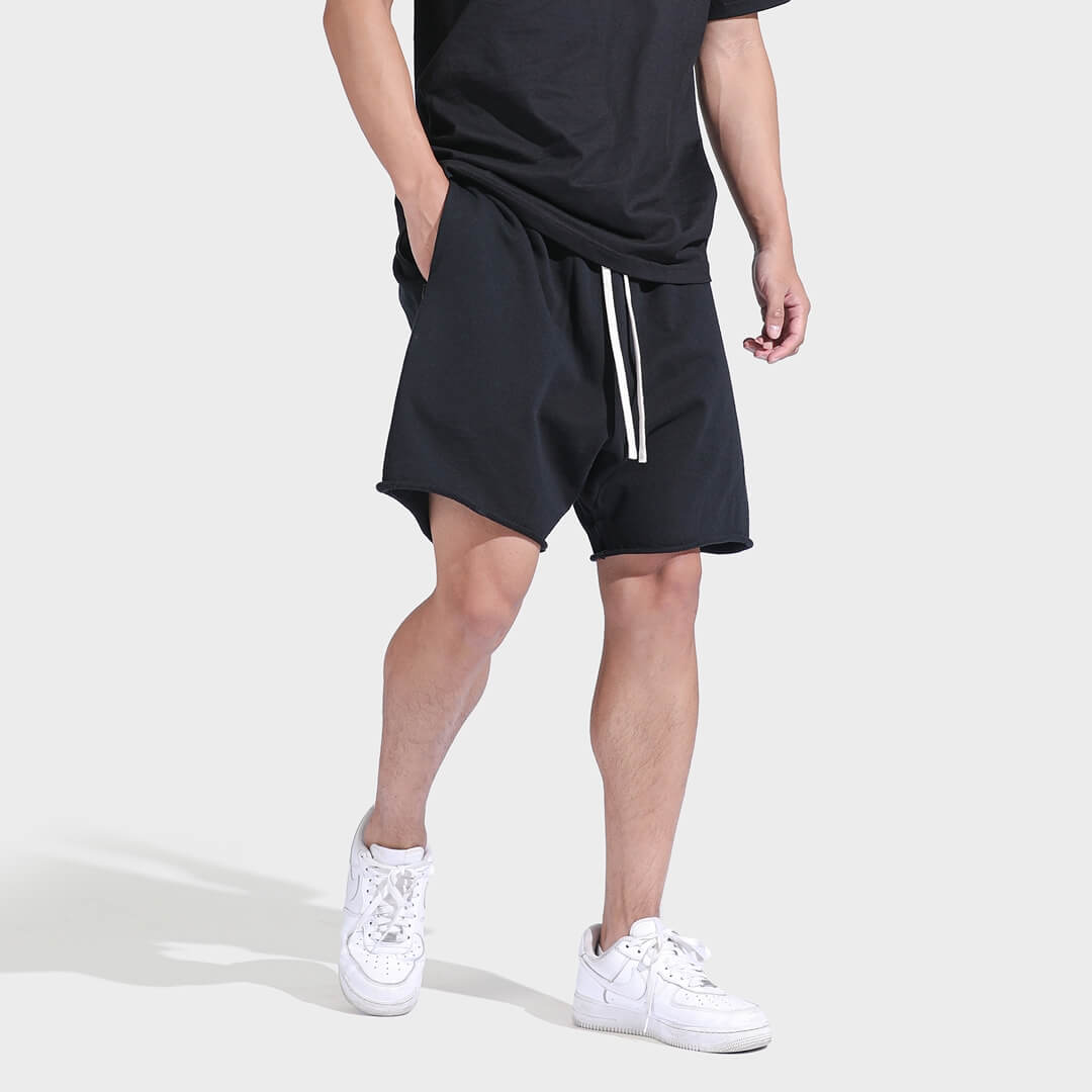 Black Drawstring Sweat Longline Shorts