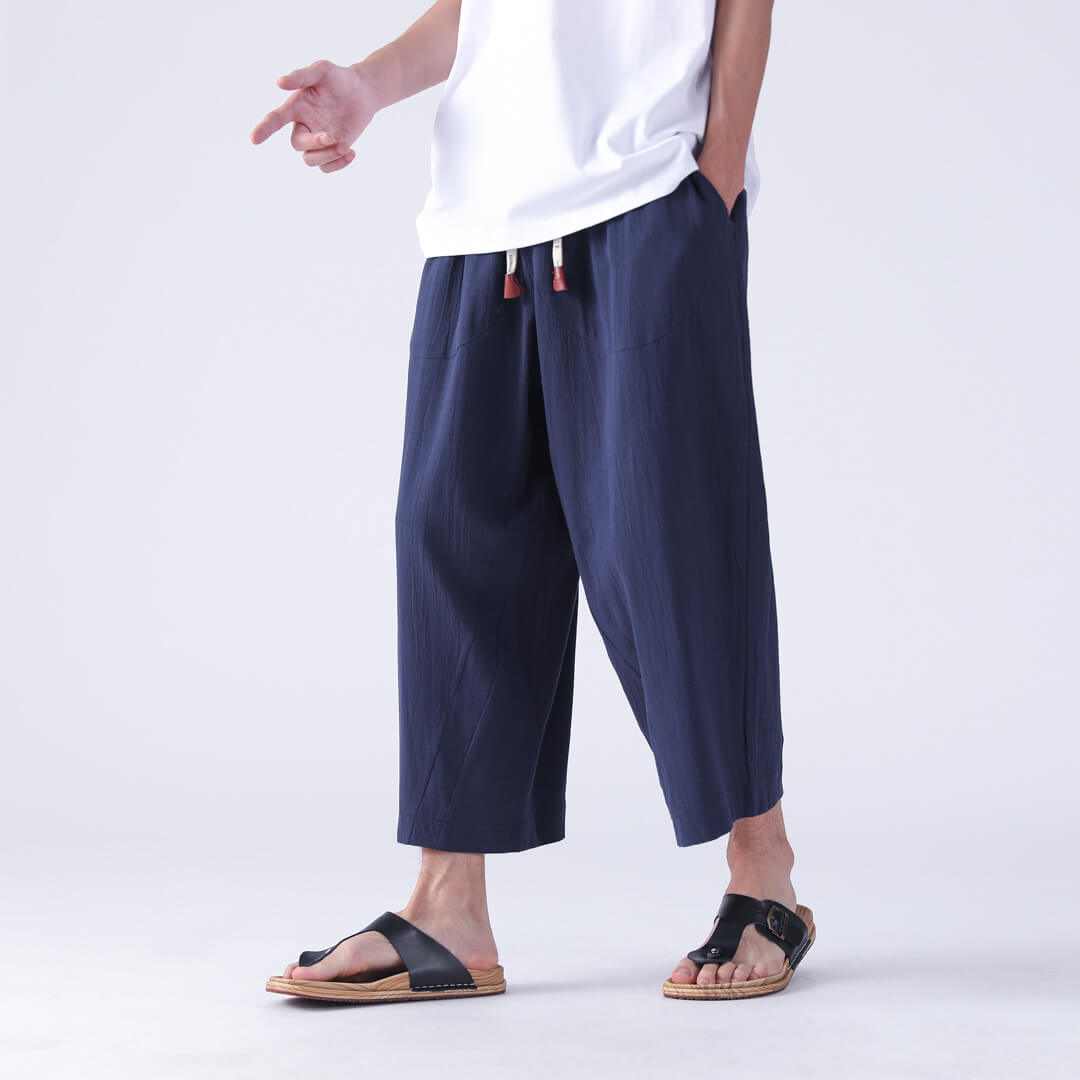 Men Cropped Trousers Linen Cotton Capri Pants Harem Shorts Baggy Calf Length